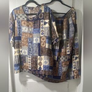 Geometric Patchwork Top And Skirt in Blue and Brown